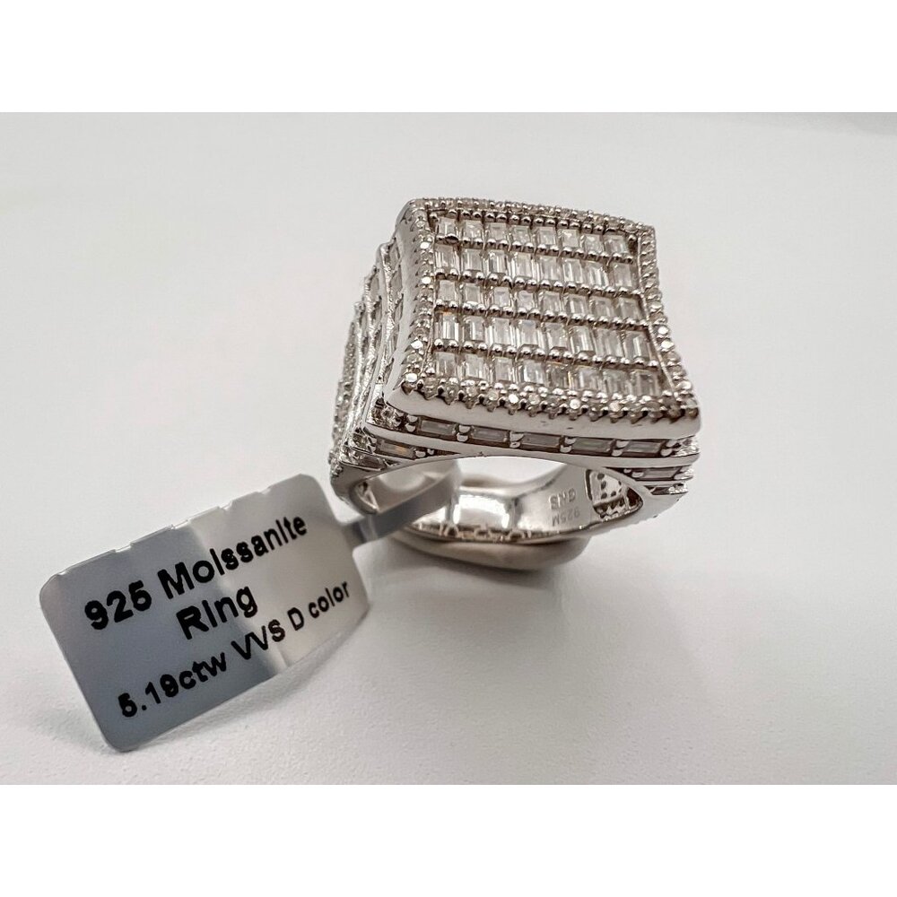 925 Sterling Sliver Moissanite Baguette Ring, 2cm wide with 5.19ctw VVS Stones,